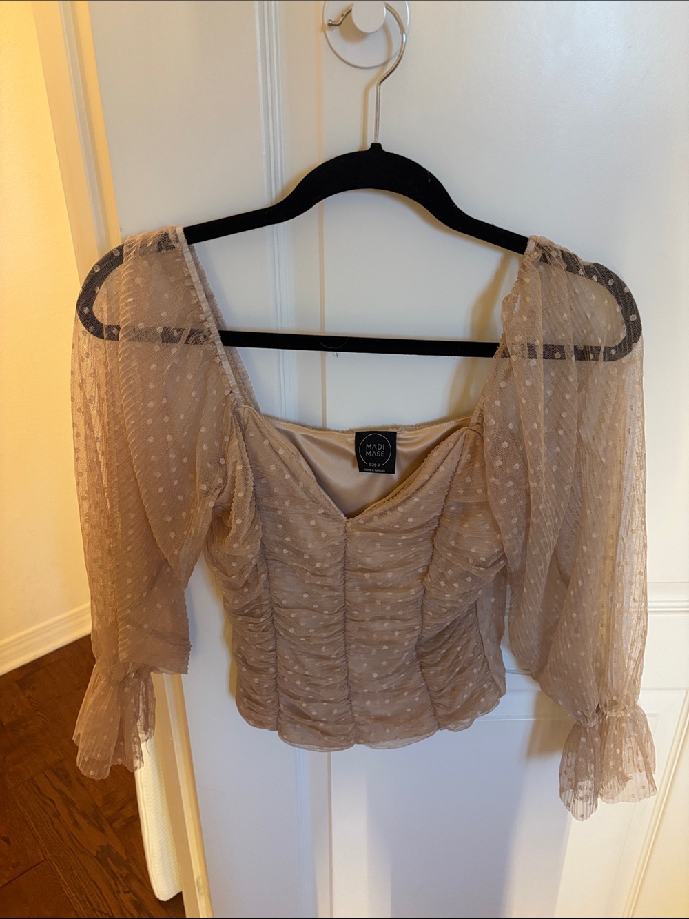 Taupe Swiss Dot Ruched Puff Sleeve Blouse